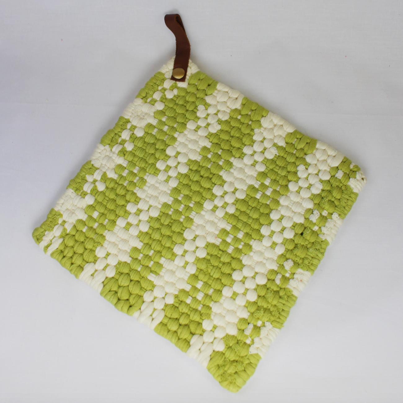 Crocheted Woven Pot Holder with Leather Handle