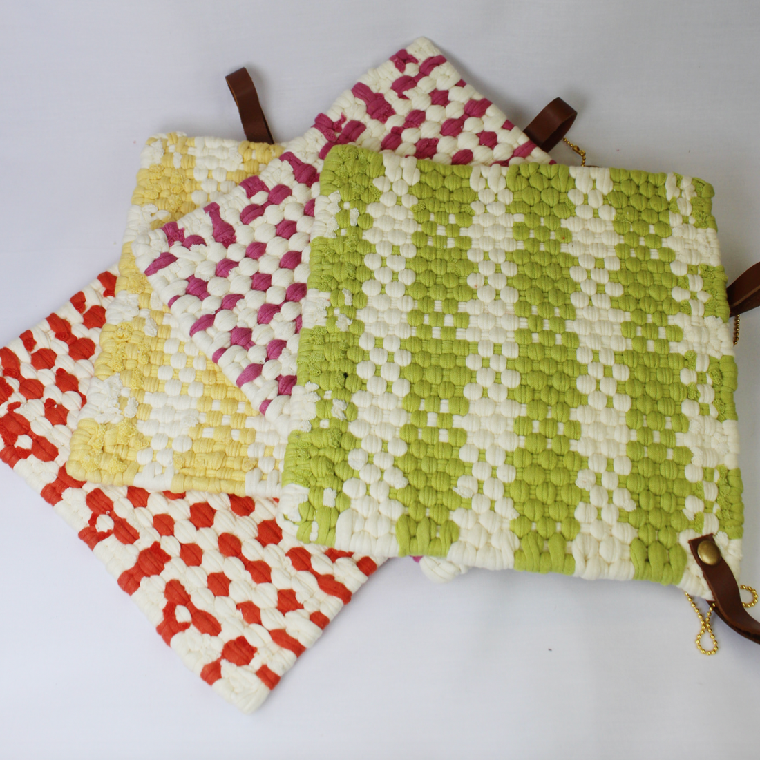 Crocheted Woven Pot Holder with Leather Handle