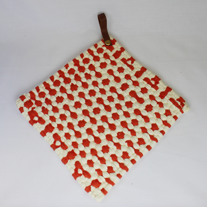 Crocheted Woven Pot Holder with Leather Handle
