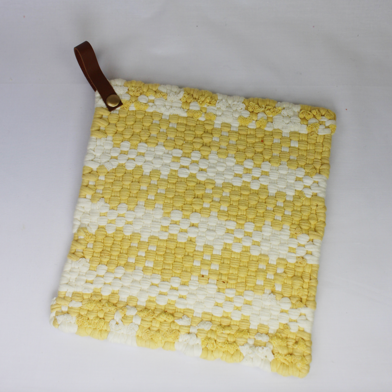 Crocheted Woven Pot Holder with Leather Handle
