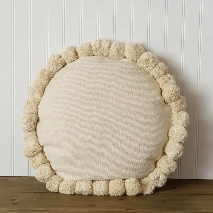 Cream Round Pom Pom Pillow